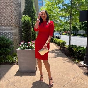 Women's Short Sleeve Twist Neck Sheath Dress with Keyhole